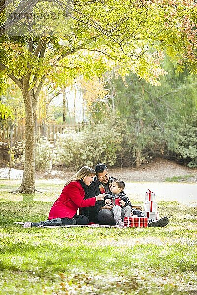 Junge gemischtrassige Familie genießt Weihnachtsgeschenke im Park zusammen