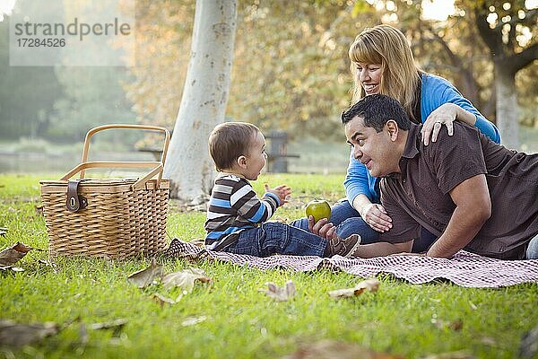 Glückliche junge gemischtrassige ethnische Familie beim Picknick im Park
