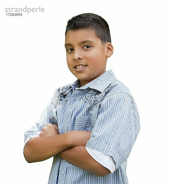 Hübscher junger hispanischer Junge vor einem weißen Hintergrund