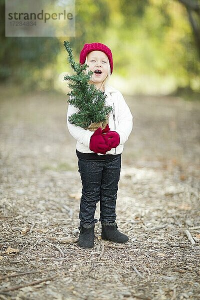 Baby-Mädchen in roten Fäustlingen und Mütze hält kleinen Weihnachtsbaum im Freien