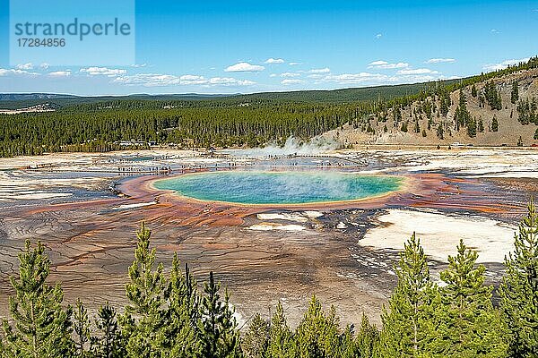 Dampfende heiße Quelle mit farbigen Mineralienablagerungen und türkisem Wasser  Grand Prismatic Spring  Midway Geyser Basin  Yellowstone Nationalpark  Wyoming  USA  Nordamerika