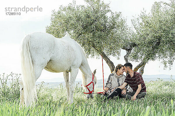 Junge Frau sitzt mit ihrem Freund bei einem Pferd auf einem Feld