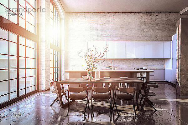 Sonnenlicht  das durch die Fenster einer modernen Küche fällt