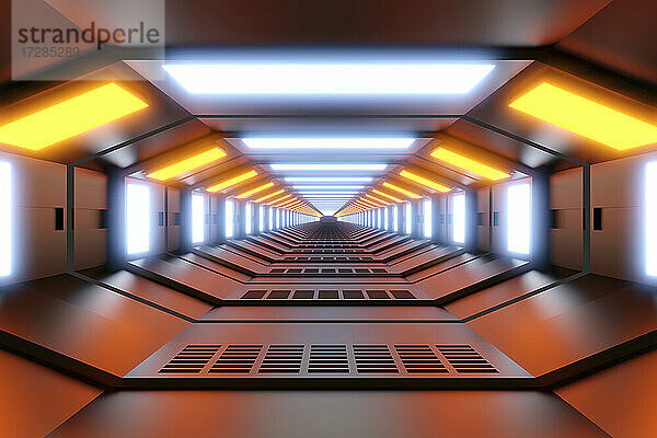 Dreidimensionales Rendering eines futuristischen Korridors in einem Raumschiff oder einer Raumstation