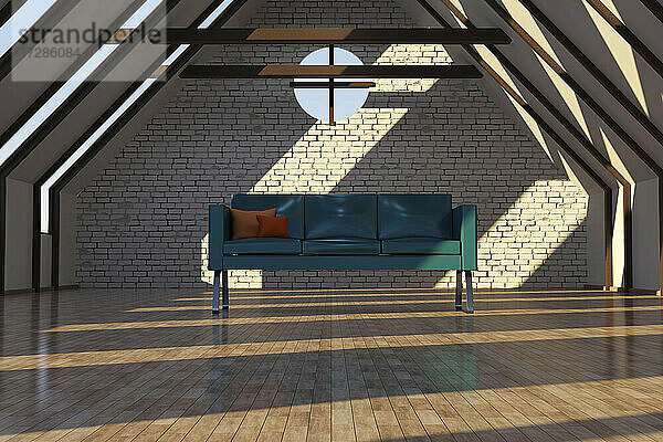 Dreidimensionales Rendering eines grünen Sofas auf einem Dachboden