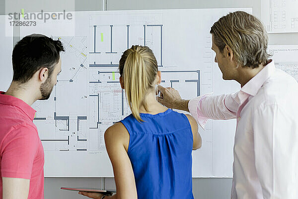 Männliche und weibliche Design-Profis bei der Arbeit an einem Bauplan im Büro