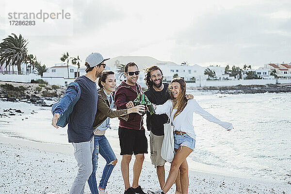 Glückliche Freunde stoßen mit Bierflaschen an  während sie am Strand stehen