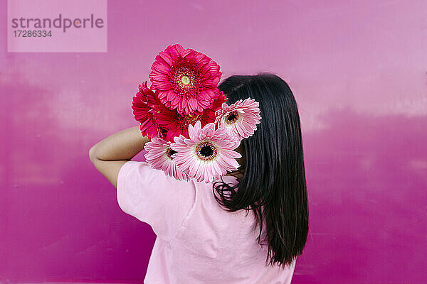 Junge Frau versteckt Gesicht mit rosa Gerbera-Gänseblümchen an der Wand