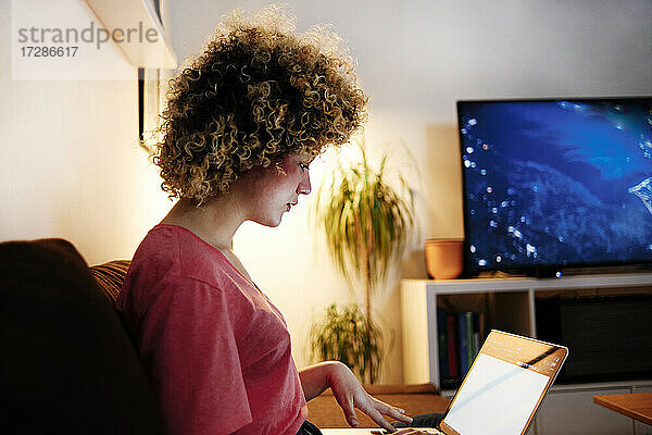 Junge Frau mit lockigem Haar benutzt Laptop im Wohnzimmer
