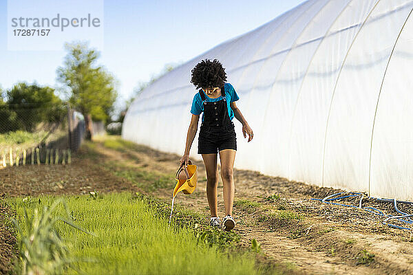 Afro-Mädchen bewässert Pflanzen auf einem Bio-Bauernhof