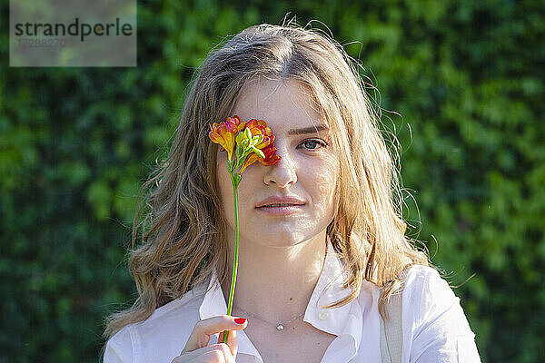 Schöne junge Frau bedeckt ihr Auge mit einer Freesienblüte an einem sonnigen Tag