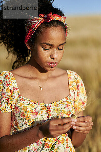 Junge Frau hält Weizenernte in einem landwirtschaftlichen Feld an einem sonnigen Tag