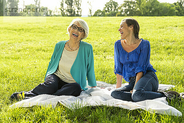 Lächelnde ältere Frau mit halbwüchsiger Frau  die auf einer Picknickdecke im öffentlichen Park sitzt