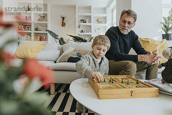 Vater und Sohn spielen Ludo im Wohnzimmer zu Hause