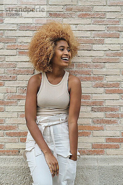 Glückliche Frau mit Afrofrisur  die wegschaut  während sie sich an eine Backsteinmauer lehnt