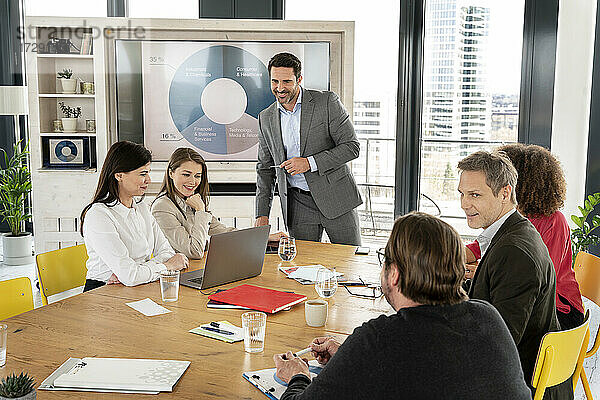 Geschäftsmann schaut auf Laptop von weiblichen Kollegen während einer Besprechung im Büro