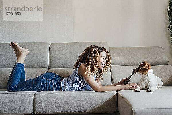 Lockenhaarige Frau streichelt Jack Russell Terrier  während sie auf dem Sofa im Wohnzimmer liegt