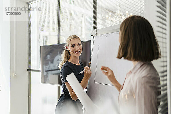 Lächelnde weibliche Fachkraft  die einen Mitarbeiter ansieht  während sie an einem weißen Brett im Büro steht