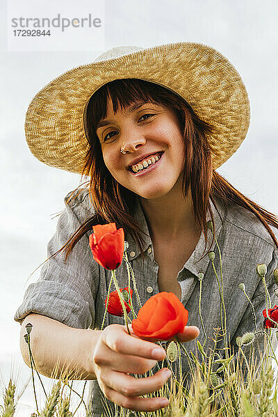 Lächelnde schöne Frau mit Hut  die Mohnblumen pflückt