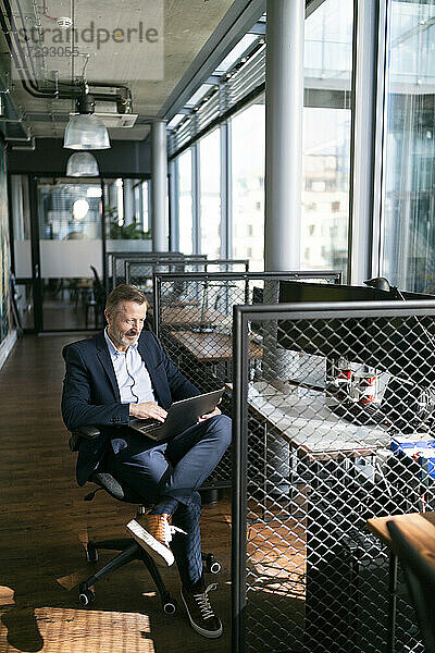 Männlicher Berufstätiger  der einen Laptop benutzt  während er in einem Büroraum sitzt