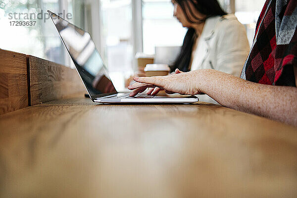 Frau benutzt Laptop mit Freundin in einem Café