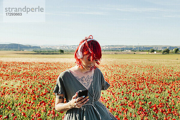 Hipster-Frau mit Smartphone auf einem Feld stehend