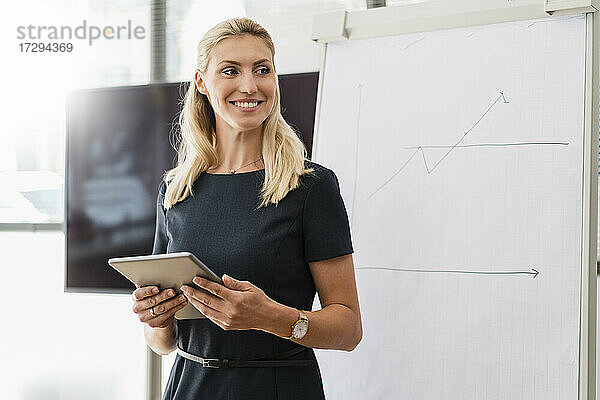 Schöne blonde Geschäftsfrau mit digitalem Tablet  die vor einem weißen Brett im Büro steht und wegschaut