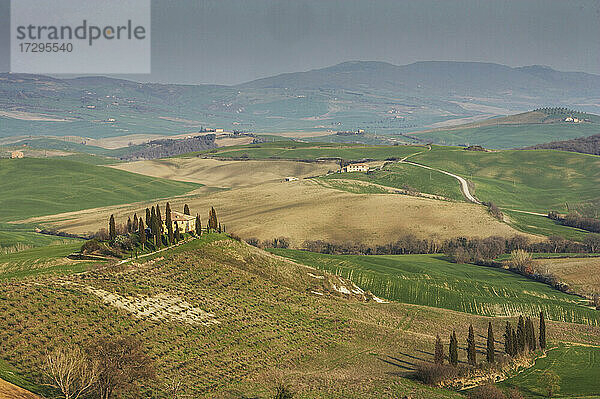 Italien  Toskana  Val D'Orcia  Pienza  Luftaufnahme von Hügeln und Feldern mit Zypressen