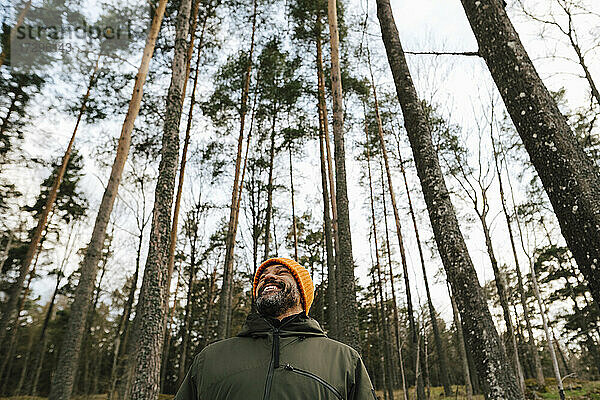 Lächelnde männliche Wanderer im Wald gegen Bäume