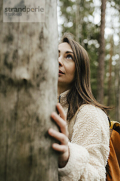 Junge Frau schaut auf Baum im Wald