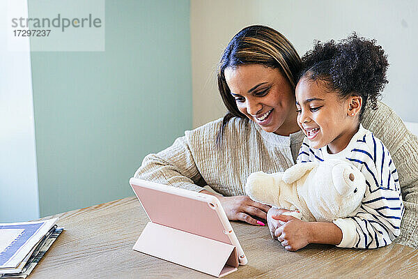 Lächelnde Tochter und Mutter verwenden zu Hause ein digitales Tablet