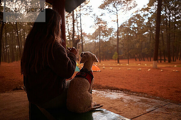 unerkennbare Frau  die mit ihrem Hund in der Nähe ihres Campingplatzes den Sonnenuntergang genießt
