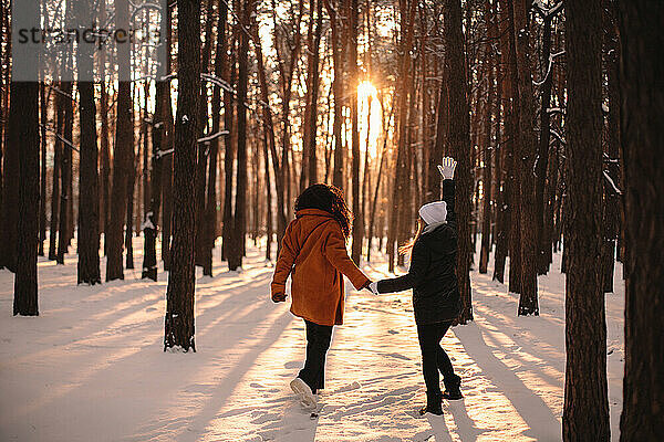 Glückliche Freundinnen halten sich an den Händen  während sie im verschneiten Park spazieren gehen