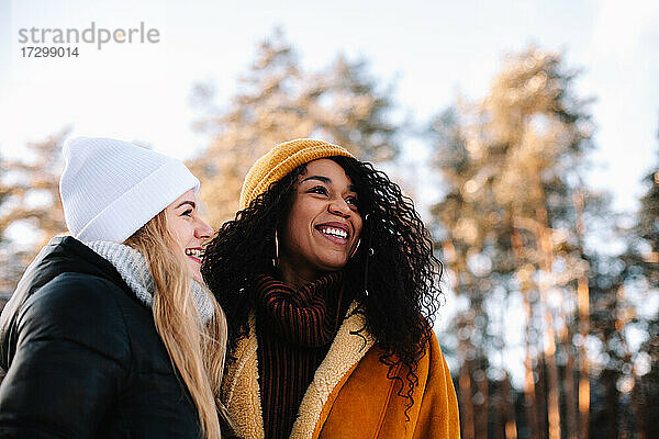 Porträt von glücklichen Freundinnen  die im Winter im Wald stehen