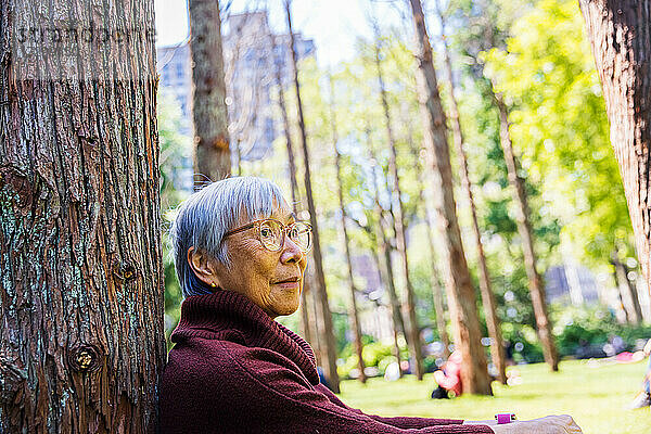 Nachdenkliche ältere Frau mit grauem Haar sitzt an einem Baum in einem öffentlichen Park
