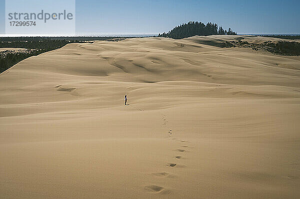 Weiblich stehend in den blasenden Sanddünen