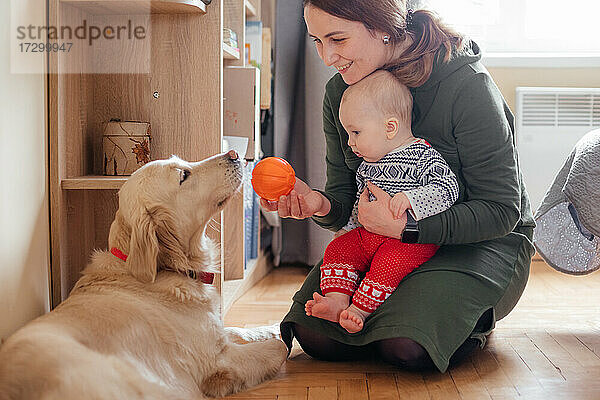 Familienmomente mit Hund und neugeborenem Baby