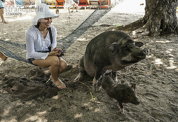 Frau besucht die Insel Koh Madsum und ihre Strandschweine