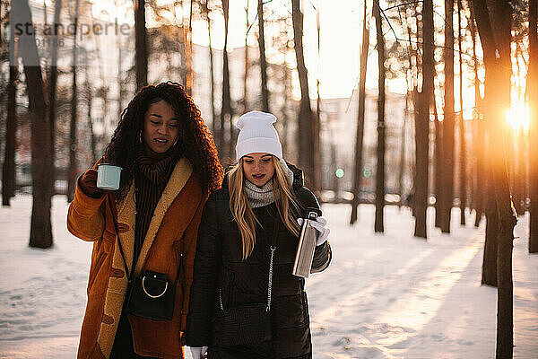 Freundinnen spazieren im Park bei Sonnenuntergang im Winter