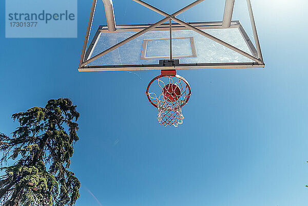 Ansicht eines Basketballkorbs von unten. Der Ball fliegt durch den Korb.