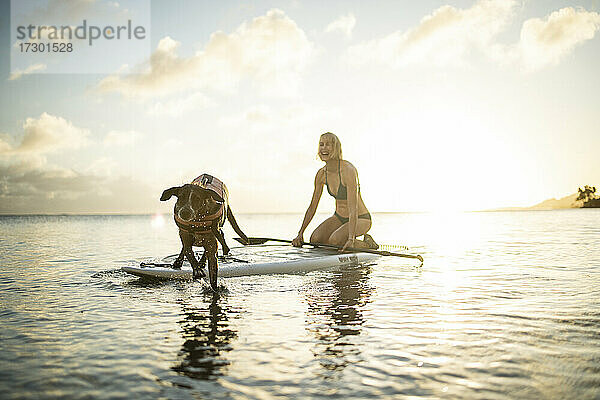 Frau und Hund haben Spaß auf einem Paddleboard in Honolulu
