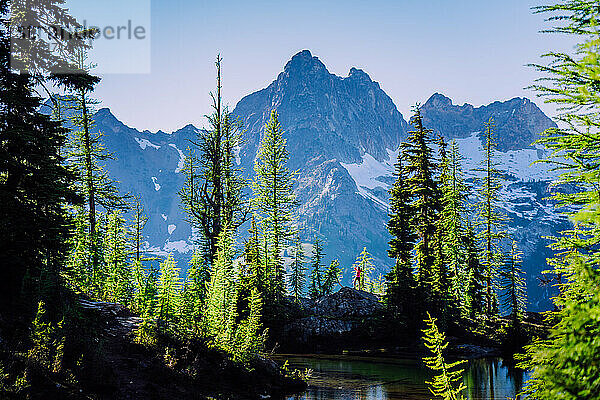 Wanderin auf dem Gipfel eines Felsens im North Cascades National Park