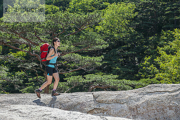 Frau beim Wandern in Richtung Ulsanbawi im Seoraksan-Nationalpark