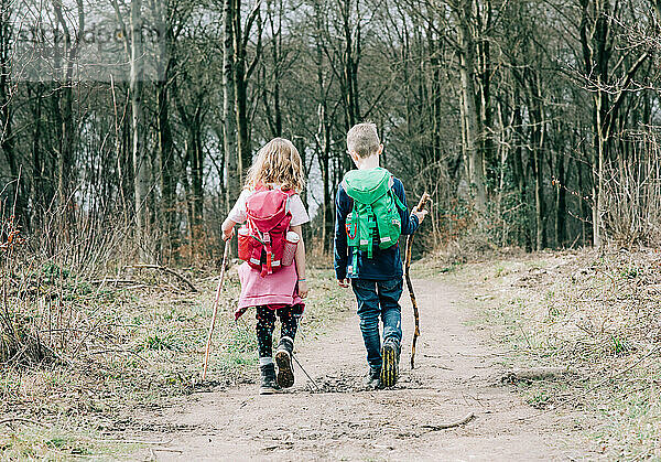 zwei Kinder  die zusammen mit Stöcken und Rucksäcken wandern  unterhalten sich im Vereinigten Königreich