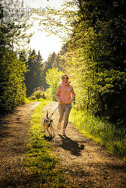 Junge Frau und Hund laufen zusammen in einem sonnigen Wald.