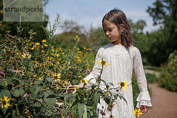 Ein kleines Mädchen mit ernster Miene untersucht draußen Wildblumen