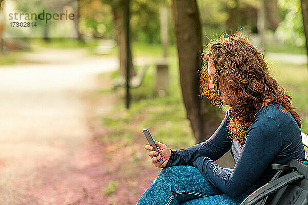Porträt einer charmanten rothaarigen jungen Frau mit Smartphone in einem Park