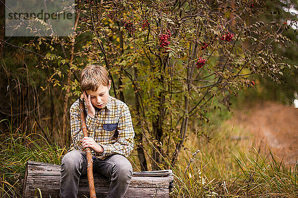 Der blonde Jungenwuchs sitzt im Wald auf einem Baumstamm  schaut nachdenklich und