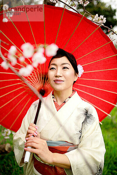 Kimono-Frau und Kirschblüten