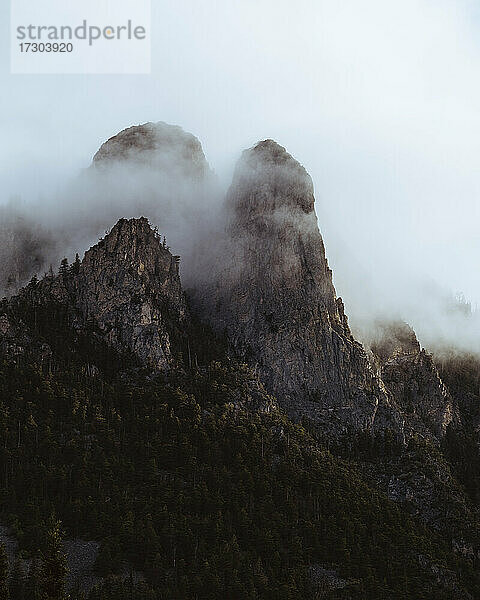 Aus dem Nebel auftauchende Berggipfel an einem sonnigen Nachmittag